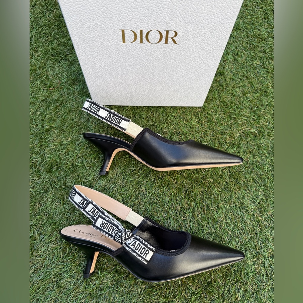 CHRISTIAN DIOR J'ADIOR BLACK CALFSKIN LEATHER SHOES SLINGBACKS KITTEN HEELS 37.5 - Picture 9 of 15